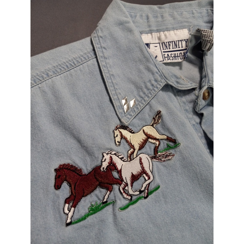 Vintage 90s Horse Embroidered Denim Button Up Shirt S Western Cowgirl Coastal - Picture 5 of 12